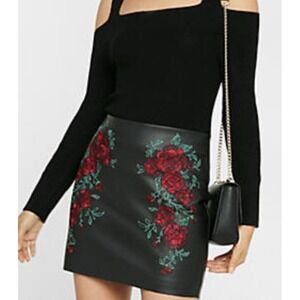 Express Embroidered Black Faux Leather Mini Skirt – Size 2, Red Floral Detail